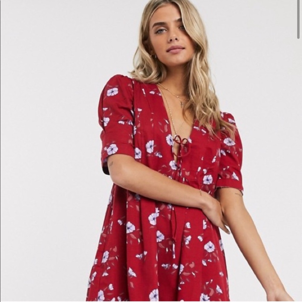 Free People red sundress with lavender flowers